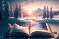 Fantastic worlds in open storybook pages. Concept art of dream travels and adventure stories. Storytelling concept. Ai generated