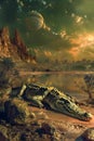 Fantastical Alien Landscape with Majestic Crocodile on Alien Planet\'s Shore under a Starry Sky