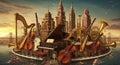 A fantastical cityscape blends with musical elements. Towering buildings are Royalty Free Stock Photo
