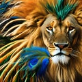 A fantastical combination of a lion and a peacock, with a mane of vibrant feathers in a mesmerizing display2, Generative AI