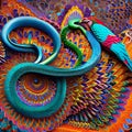 A fantastical combination of a snake and a peacock, with a long, colorful tail and mesmerizing patterns1, Generative AI