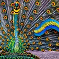 A fantastical combination of a snake and a peacock, with a long, iridescent tail and hypnotic patterns5, Generative AI