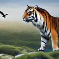 A fantastical combination of a tiger and a bird, with striped fur and majestic wings, prowling through a surreal landscape4, Gen