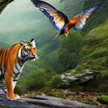 A fantastical combination of a tiger and a bird, with striped fur and majestic wings, prowling through a surreal landscape2, Gen