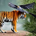 A fantastical combination of a tiger and a bird, with striped fur and majestic wings, prowling through a surreal landscape3, Gen