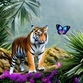 A fantastical combination of a tiger and a butterfly, with bold stripes and delicate, iridescent wings1, Generative AI