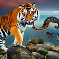 A fantastical combination of a tiger and a seahorse, with bold stripes and a gracefully curved tail5, Generative AI