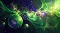 Vibrant Green Nebula With Floating Blue Planets in Deep Space Royalty Free Stock Photo