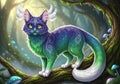 A fantastical creature resembling a cat is perched on a tree branch, set in an Royalty Free Stock Photo