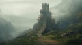 Fantastical Fantasy Castles. Dark castle in the valley, dark atmosphere of hell Royalty Free Stock Photo