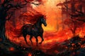 Fantastical Fire horse in night forest. Fog fantasy night