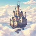 A fantastical floating castle is depicted, nestled among fluffy clouds. The structure Royalty Free Stock Photo
