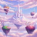 A fantastical, floating castle within a dreamy sky setting. The castle, with multiple Royalty Free Stock Photo