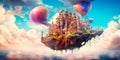 fantastical flying ship soaring through a sky filled with colorful, floating islands.