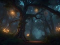 Enchanted Grove: Where Sentient Trees Embrace and Fireflies Dance Royalty Free Stock Photo