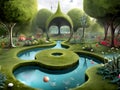 Fantastical Garden with Topiary and Ponds. Created with Generative AI
