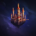 A fantastical illustration of a castle with multiple towers and pointed red roofs, perched Royalty Free Stock Photo