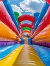 A fantastical inflatable playground filled with an array of colorful arches, slides, and playful elements against a