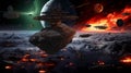 A fantastical interstellar scene featuring various spaceships against majestic nebulas