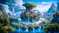 A Fantastical Island with Water and Trees, in the Style of Buddhist Art Architecture, Generative AI Royalty Free Stock Photo