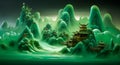 Fantastical Jade Sea With Ancient Chinese Temples And Giant Waves. Surreal Ocean Landscape. Generative AI