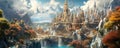 Fantastical Land of Legends: captivating panorama of a mythical land adorned with ancient ruins, majestic castles panorama