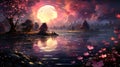 A fairytale landscape with a lake surrounded by pink and purple flowers, under a sky full of shining stars and northern