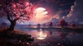 A fantastical landscape with a lake surrounded by pink and red flowers, under a sky full of shining stars and northern