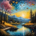 A fantastical landscape view, with butterflies dancing on the riverside, mountain, tree, beautiful sky, flower, painting art