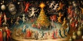 A fantastical painting in the style of Hieronymus Bosch with bizarre and whimsical creatures dancing around a Christmas tree