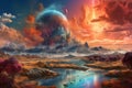 Fantastical Planet with Swirling Clouds and Colorful Landscape Created with Generative AI