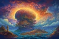 Fantastical Planet with Swirling Clouds and Colorful Landscape Created with Generative AI