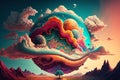 Fantastical planet with swirling clouds and colorful landscapes