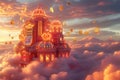 A fantastical scene on a cloud featuring an opulent goldensilver palace amidst floating islands, each unique in shape Royalty Free Stock Photo
