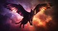 A fantastical scene features a flying cat with large, dramatic wings extending Royalty Free Stock Photo