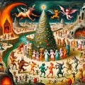 Fantastical scene reminiscent of Hieronymus Bosch\'s work, a playful and macabre dance around Christmas tree