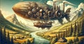 Steampunk Airship Flying Over a Mountainous Landscape