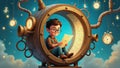 Young boy enjoys reading in a whimsical steampunk-inspired setting filled with clocks and gears Royalty Free Stock Photo