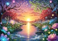 Fantastical sunset scene featuring a shimmering river bordered by Royalty Free Stock Photo