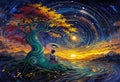 A fantastical sunset scene with an otherworldly tree and a solitary figure Royalty Free Stock Photo