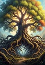 A fantastical tree with a wide, intricate network of roots and a Royalty Free Stock Photo