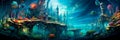 fantastical underwater city with dynamic of underwater life and structures, painted in vibrant and surreal colors.