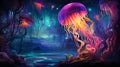 A fantastical underwater dreamscape with glowing jellyfish and vibrant coral reefs in technicolor brilliance sea by AI generated