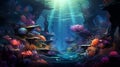 A fantastical underwater world with glowing technicolor coral reefs, luminescent fish, and mermaids by AI generated