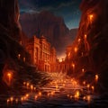 Fantastical version of Petra with shimmering gold, ethereal floating structures, and mythical creatures