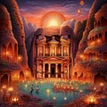 Fantastical version of Petra with shimmering gold, ethereal floating structures, and mythical creatures