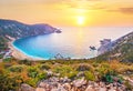 Fantastically beautiful scenery with the beach at sunset in Petani Beach, Kefalonia, Greece. Amazing places. Tourist Attractions. Royalty Free Stock Photo