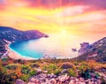 Fantastically fabulous mystical stunning magical landscape with the beach at sunset in Petani Beach, Kefalonia, Greece. Amazing Royalty Free Stock Photo