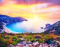 Fantastically fabulous mystical stunning magical landscape with the beach at sunset in Petani Beach, Kefalonia, Greece. Amazing