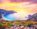 Fantastically fabulous mystical stunning magical landscape with the beach at sunset in Petani Beach, Kefalonia, Greece. Amazing